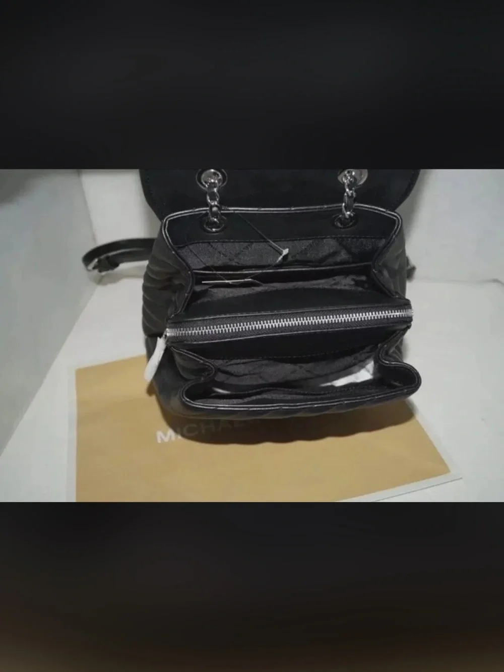 Michael Kors Rose Black Quilted Leather Chain Backpack Medium size